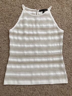 White House Black Market Cream and Gold Striped Knit Tank
